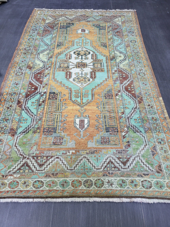 Orange Turkish Runner Rug 4' 8" x 7' 9" Hand-Knotted reverse