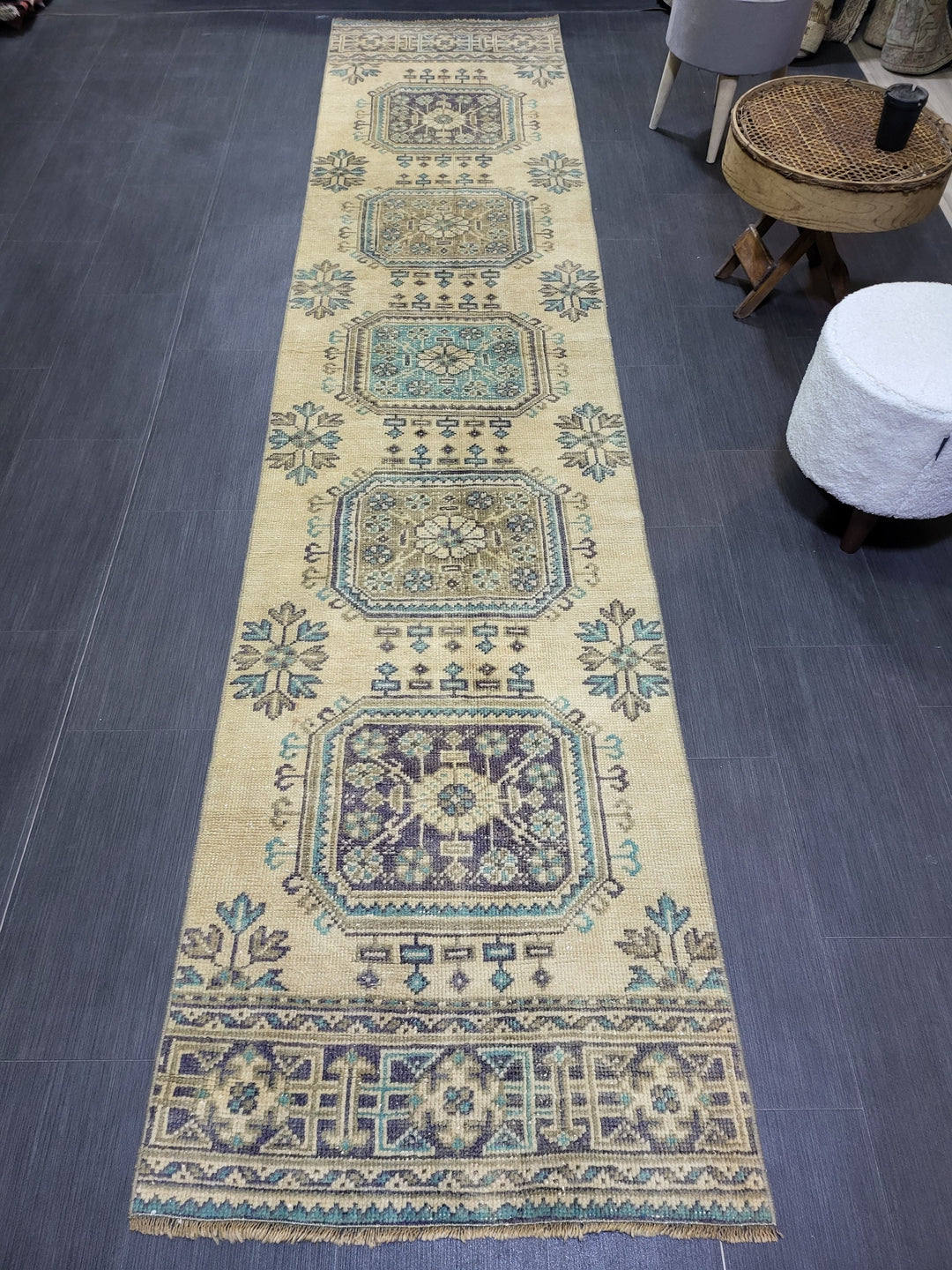 Beige Turkish Runner Rug 2' 6" x 11' 2" Hand-Knotted pattern