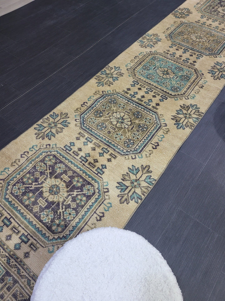Beige Turkish Runner Rug 2' 6" x 11' 2" Hand-Knotted close-up