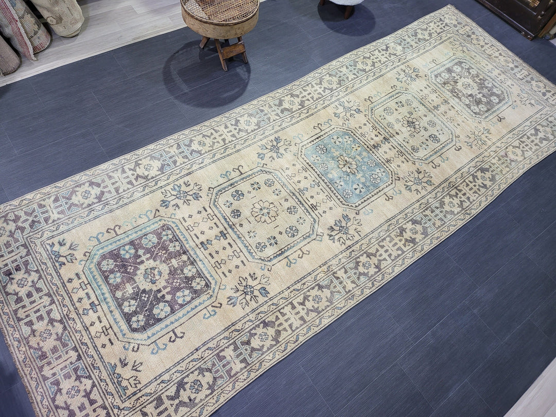 Beige Turkish Runner Rug 4' 6" x 11' 11" Hand-Knotted field