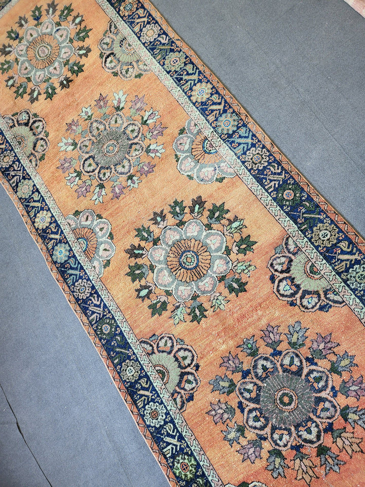 Beige Turkish Runner Rug 4' 5" x 12' 3" Hand-Knotted pattern