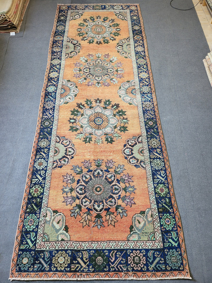 Beige Turkish Runner Rug 4' 5" x 12' 3" Hand-Knotted close-up