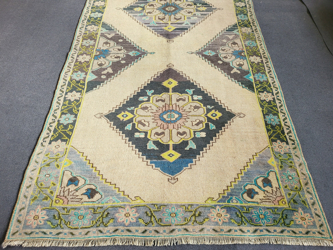 Navy Turkish Runner Rug 4' 2" x 10' 3" Hand-Knotted field