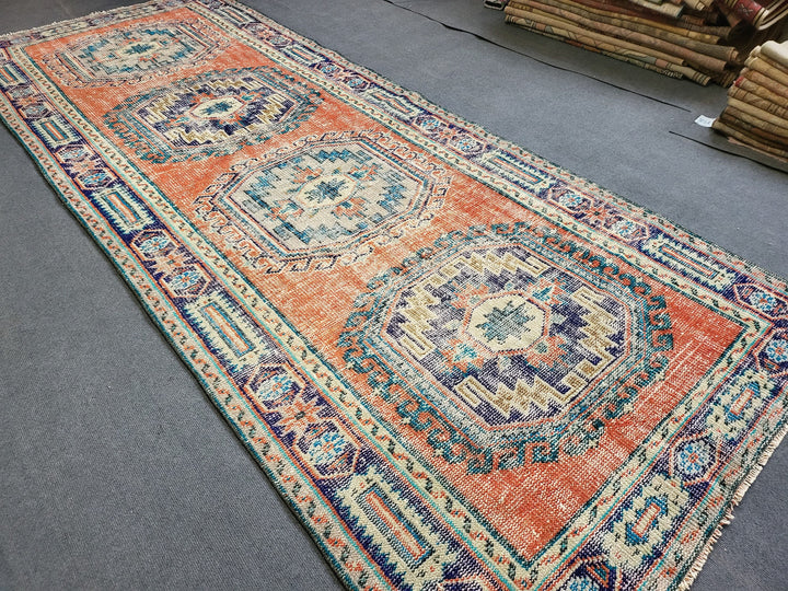 Beige Turkish Distressed Runner Rug 4' 3" x 10' 11" Hand-Knotted | No. WR47628