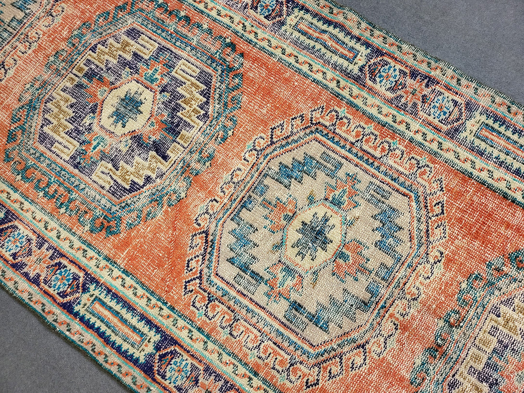 Beige Turkish Distressed Runner Rug 4' 3" x 10' 11" Hand-Knotted | No. WR47628