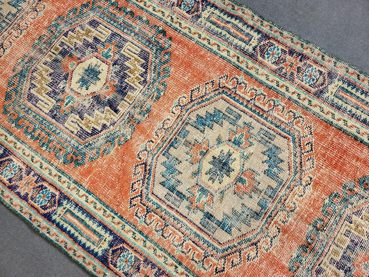 Beige Turkish Distressed Runner Rug 4' 3" x 10' 11" Hand-Knotted | No. WR47628