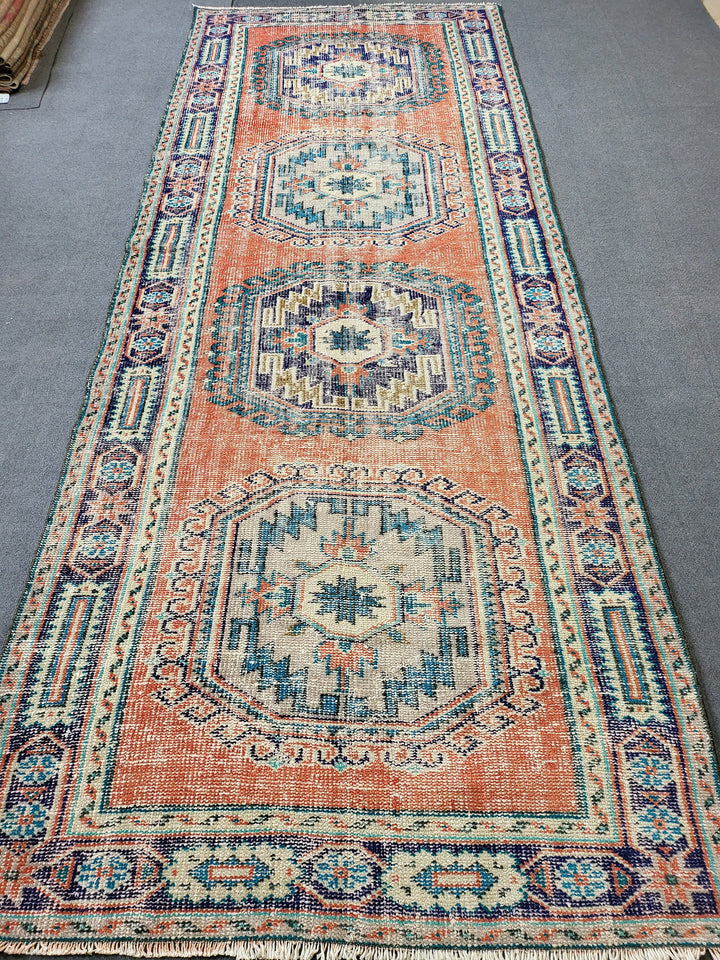 Beige Turkish Distressed Runner Rug 4' 3" x 10' 11" Hand-Knotted | No. WR47628