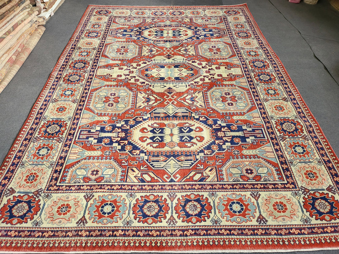 Beige Turkish Runner Rug 6' 5" x 9' 3" Hand-Knotted close-up