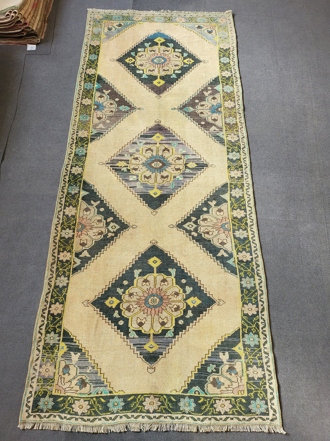 Navy Turkish Runner Rug 4' 2" x 10' 3" Hand-Knotted close-up