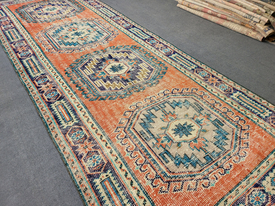 Beige Turkish Distressed Runner Rug 4' 3" x 10' 11" Hand-Knotted | No. WR47628