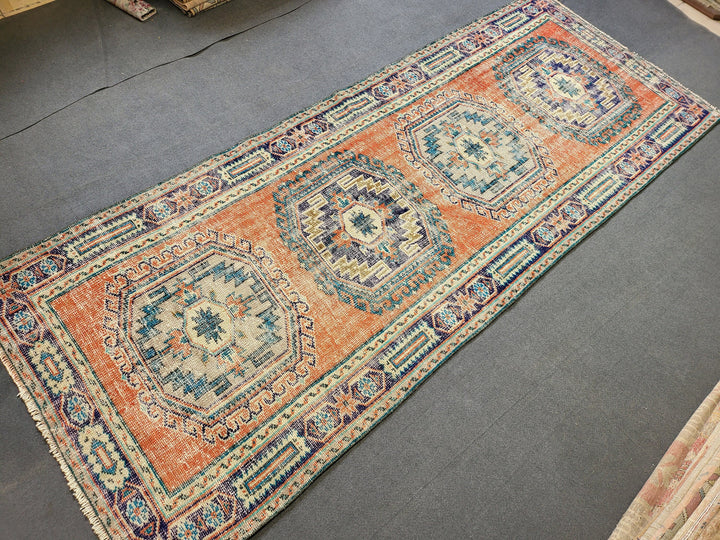 Beige Turkish Distressed Runner Rug 4' 3" x 10' 11" Hand-Knotted | No. WR47628