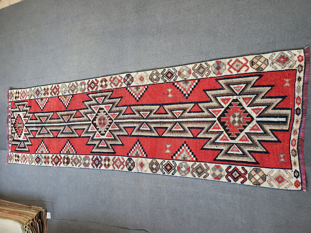Beige Turkish Runner Rug 3' 3" x 11' 2" Hand-Knotted texture