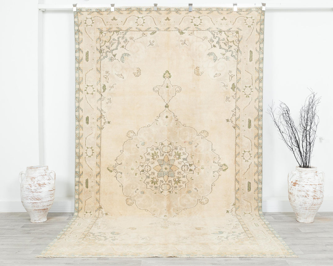 Beige Turkish Oushak Rug 10' 4" x 6' 3" Hand-Knotted