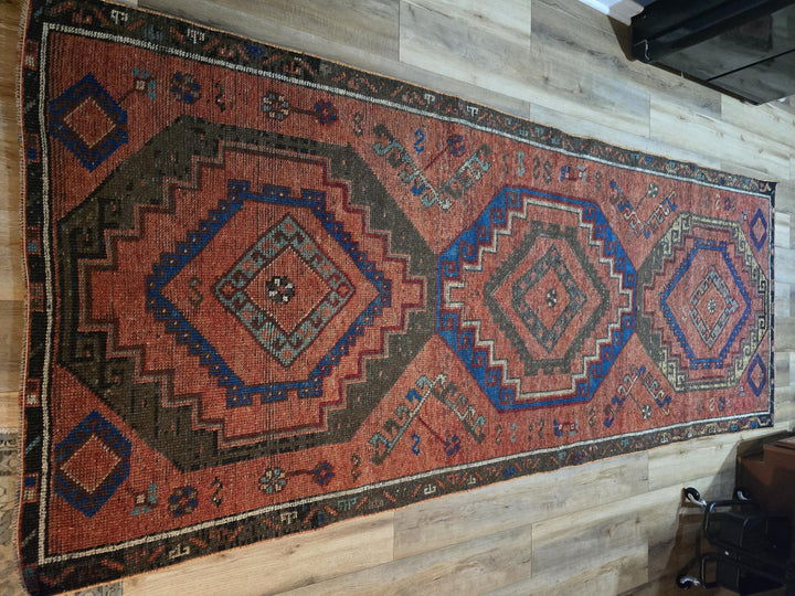 Beige Turkish Runner Rug 4' x 10' 5" Hand-Knotted border