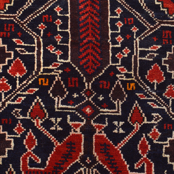 Afghan Baluchi Rug 4' 0" x 5' 9" Hand-Knotted close-up