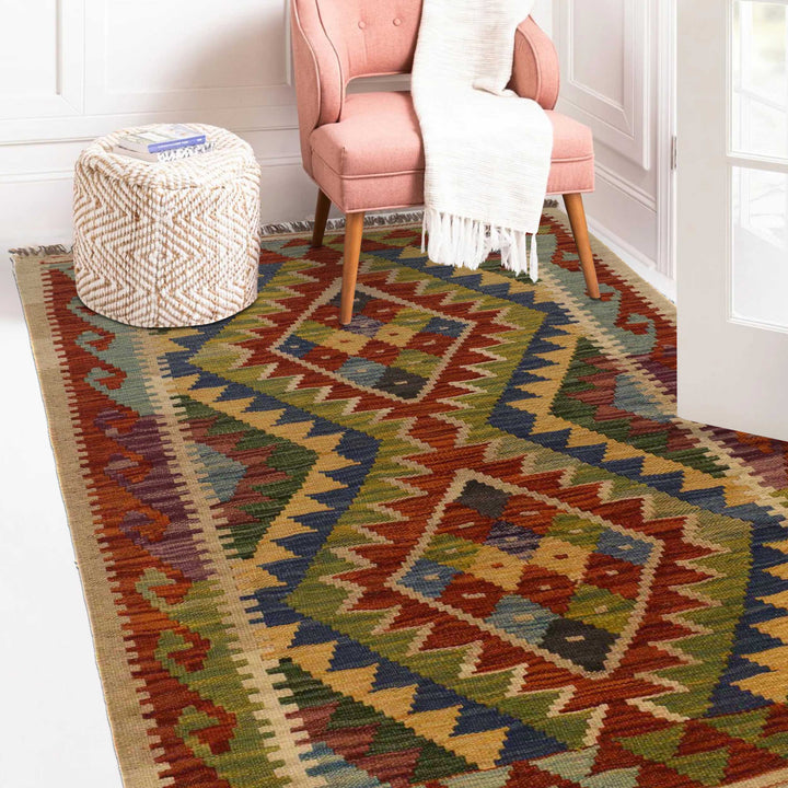 Afghan Vegetable Kilim Rug 2' 11" x 3' 11" Flat-Weave detail
