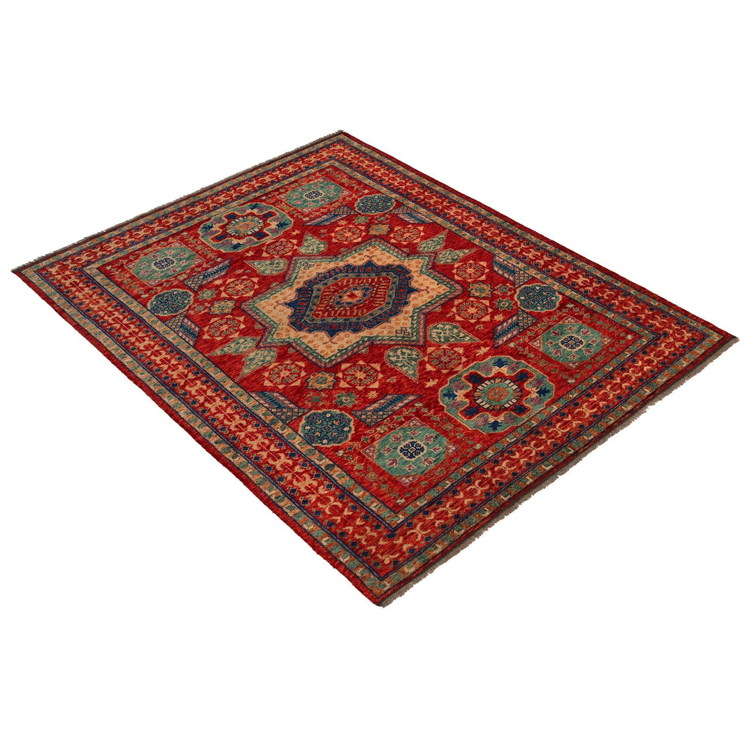Red Afghan Shirazi Rug 6' 7" x 9' 7" Hand-Knotted close-up