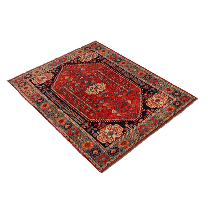 Red Afghan Shirazi Rug 6'5" x 9'6" Hand-Knotted close-up