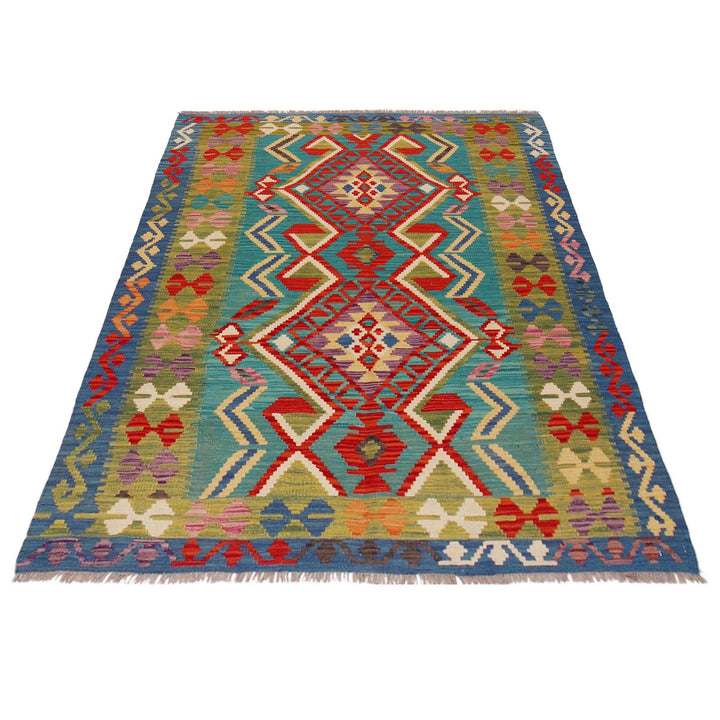 Multi Color ful Flat-Weave Wool Kilim 4' 0" x 5' 7" - No. AL70941