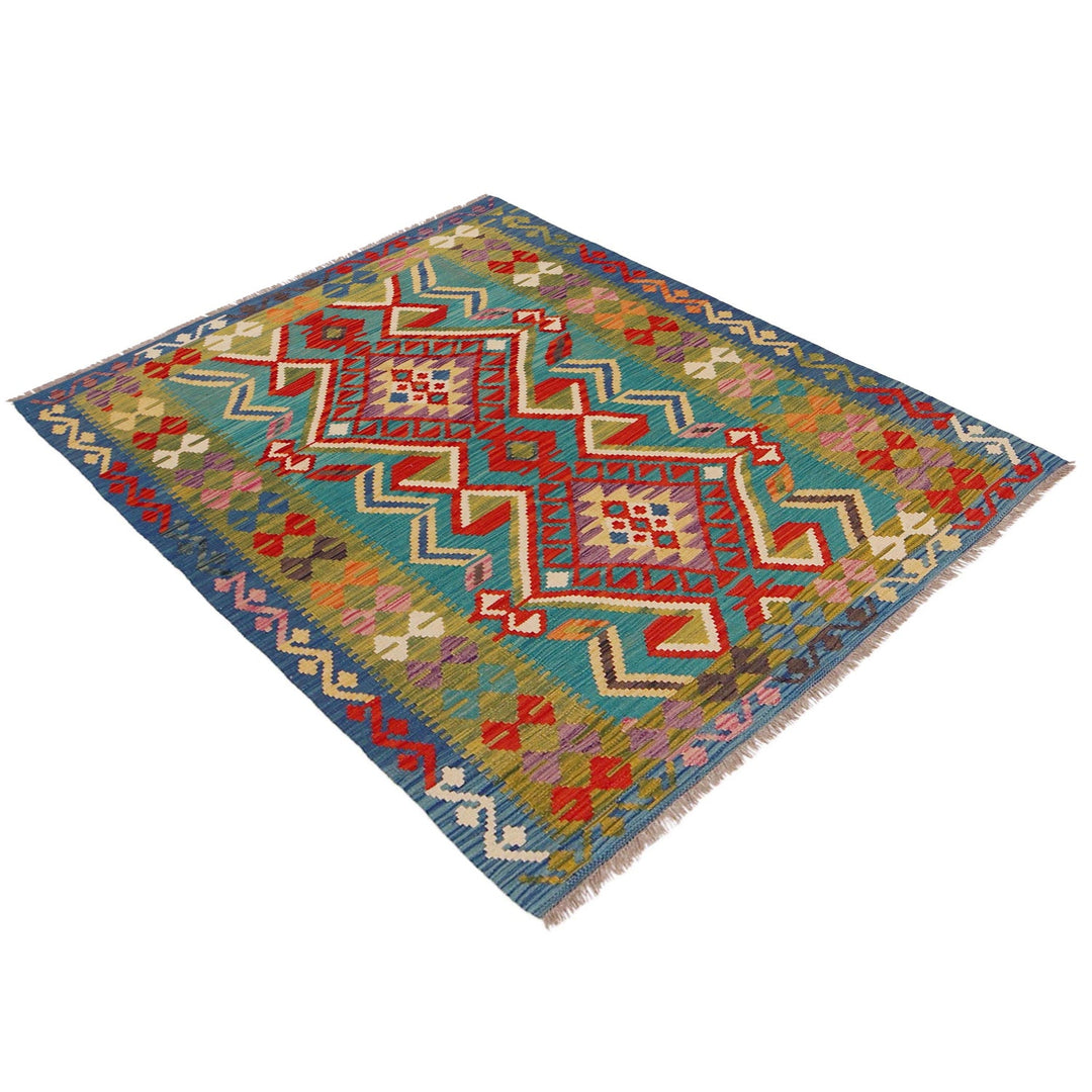 Multi Color ful Flat-Weave Wool Kilim 4' 0" x 5' 7" - No. AL70941