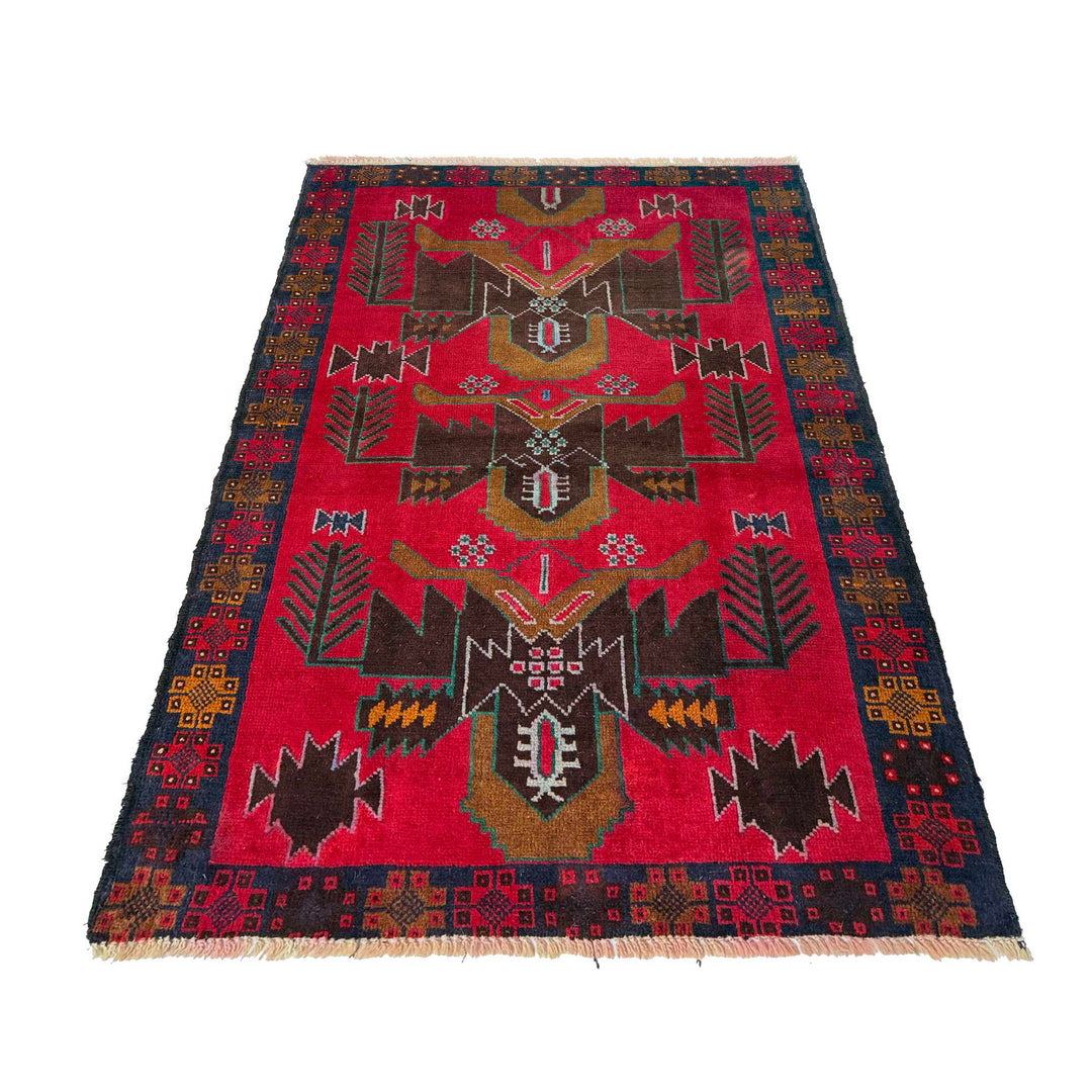 Red Afghan Baluchi Rug 2' 11" x 4' 9" Hand-Knotted detail