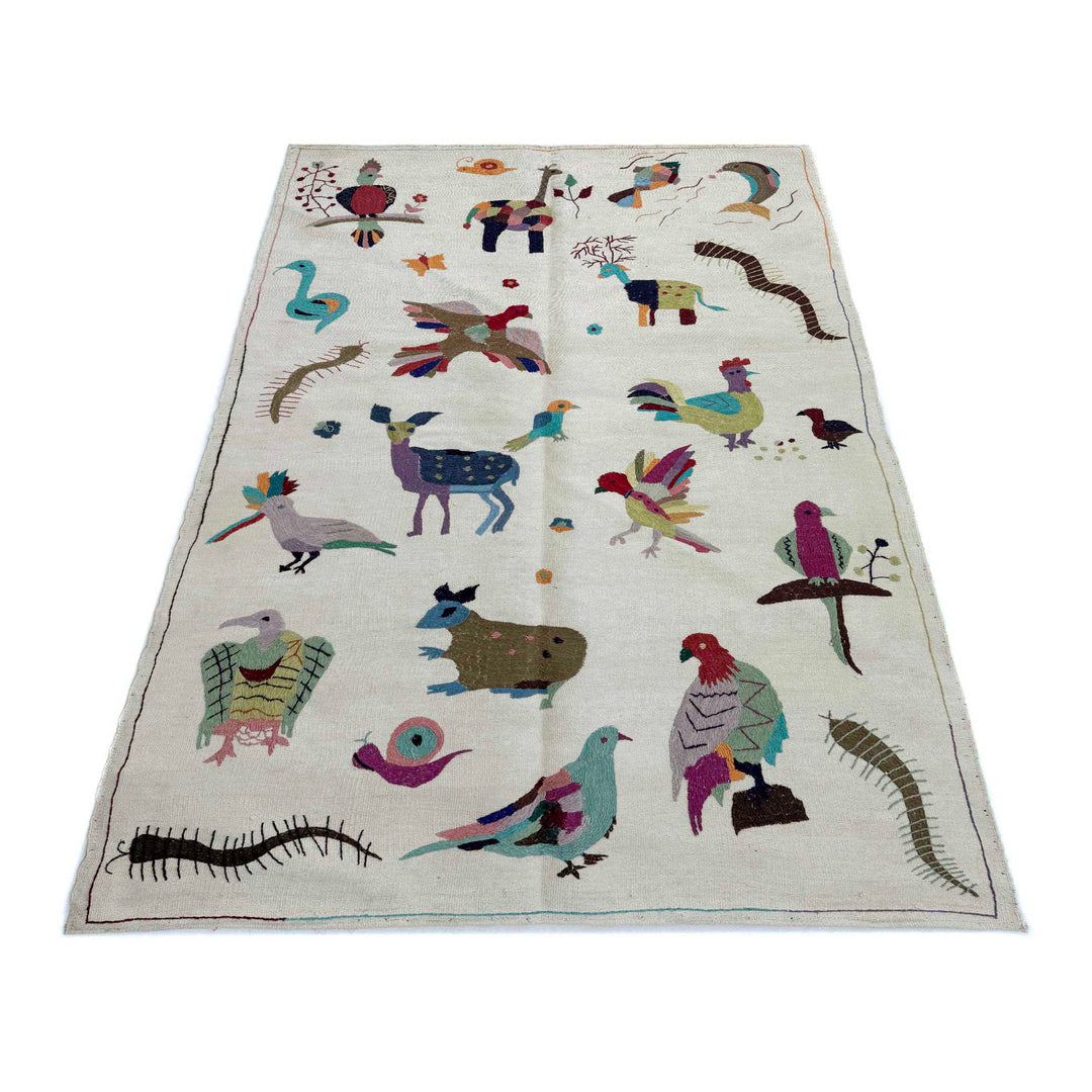 Beige Pakistani Embroidery Kilim Rug 3' 11" x 6' 3" Hand-Knotted | No. AL57249