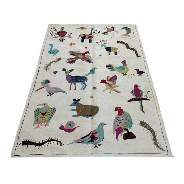 Beige Pakistani Embroidery Kilim Rug 3' 11" x 6' 3" Hand-Knotted | No. AL57249
