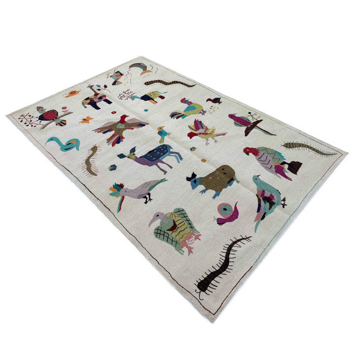 Beige Pakistani Embroidery Kilim Rug 3' 11" x 6' 3" Hand-Knotted | No. AL57249