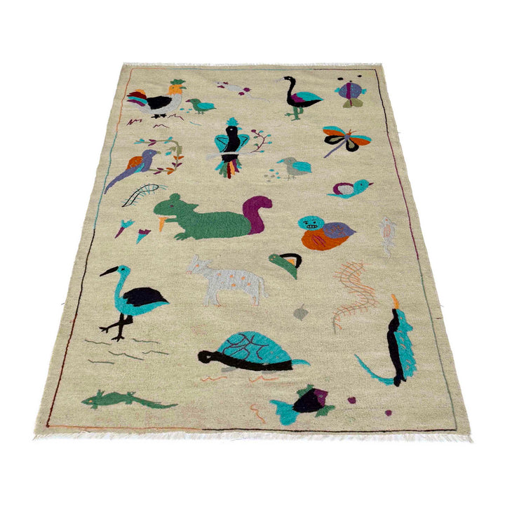 Beige Pakistani Embroidery Kilim Rug 3' 8" x 6' 3" Flat-Weave | No. AL637193
