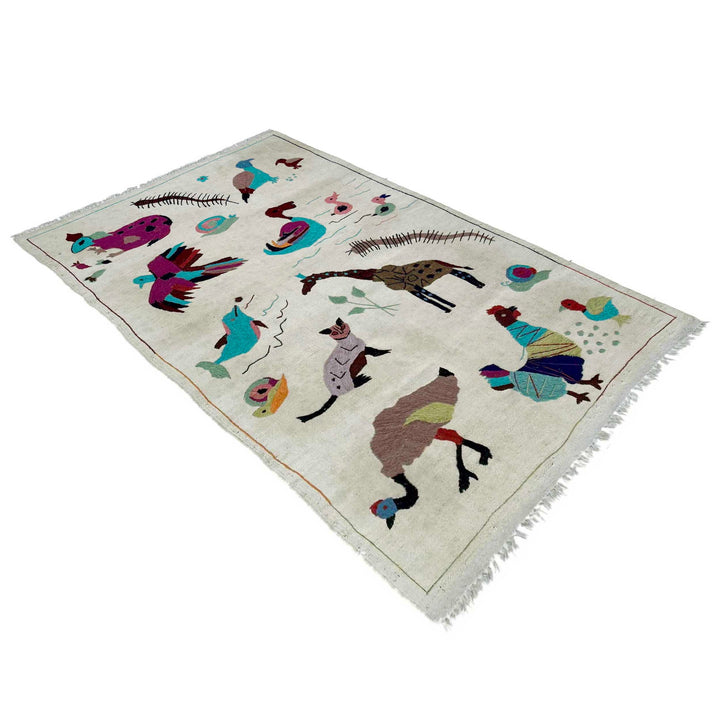 Beige Pakistani Embroidery Kilim Rug 3' 1" x 5' 4" Flat-Weave | No. AL483881