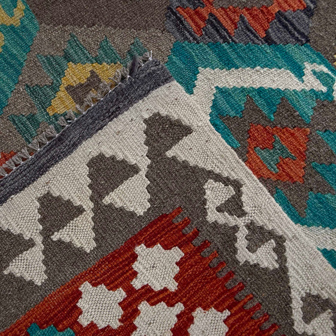 Afghan Vegetable Kilim Rug 8' 4" x 9' 9" Flat-Weave border