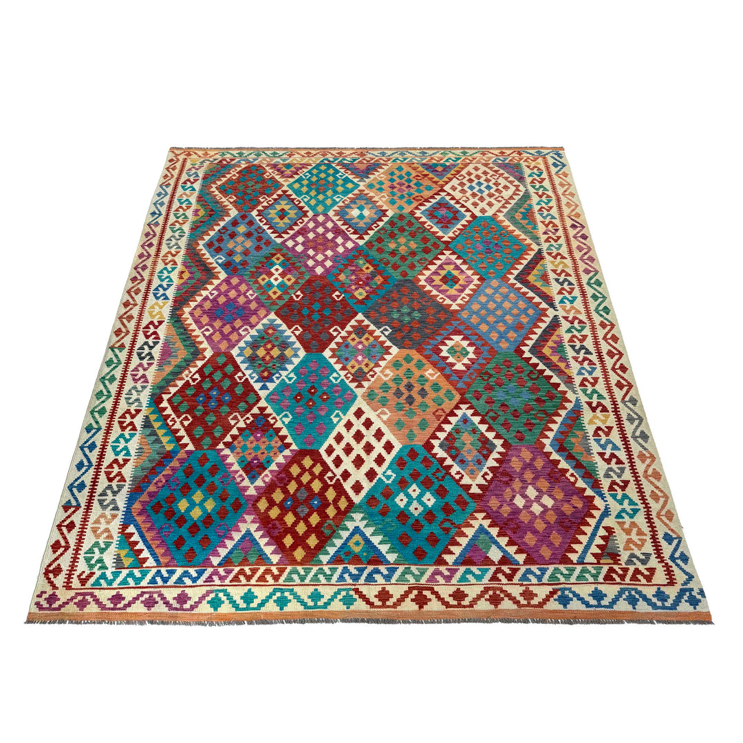 Afghan Vegetable Kilim Rug 8' 2" x 10' 1" Flat-Weave detail