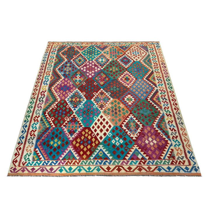 Afghan Vegetable Kilim Rug 8' 2" x 10' 1" Flat-Weave detail