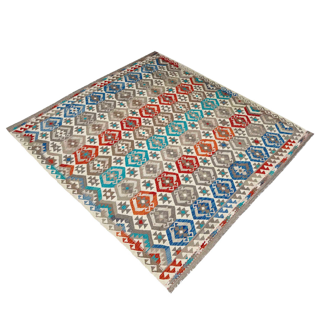Afghan Vegetable Kilim Rug 8' 2" x 9' 11" Flat-Weave close-up