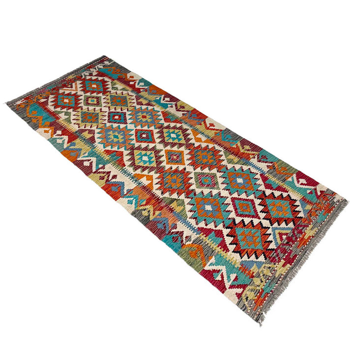 Afghan Vegetable Kilim Rug 2' 8" x 7' 10" Flat-Weave close-up