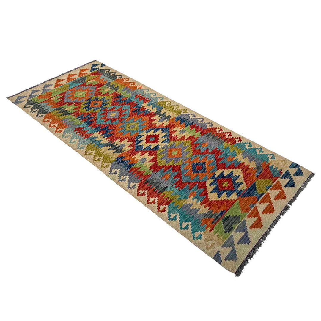 Afghan Vegetable Kilim Rug 2' 9" x 8' 4" Flat-Weave close-up