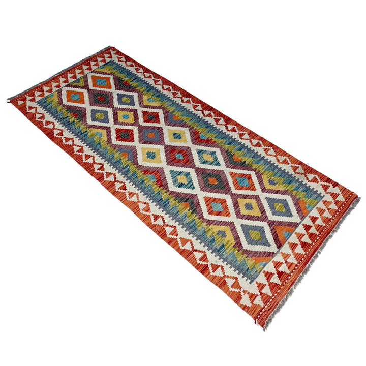 Afghan Vegetable Kilim Rug 2' 6" x 6' 7" Flat-Weave close-up