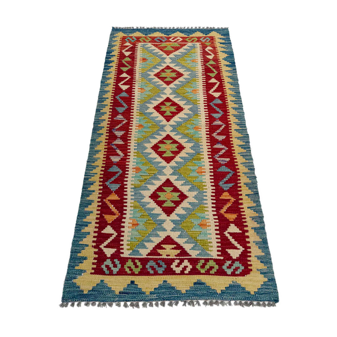 Afghan Vegetable Kilim Rug 2' 6" x 6' 4" Flat-Weave detail