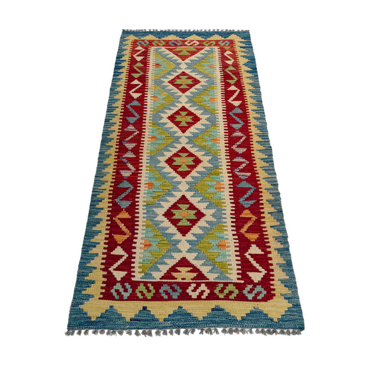 Afghan Vegetable Kilim Rug 2' 6" x 6' 4" Flat-Weave detail