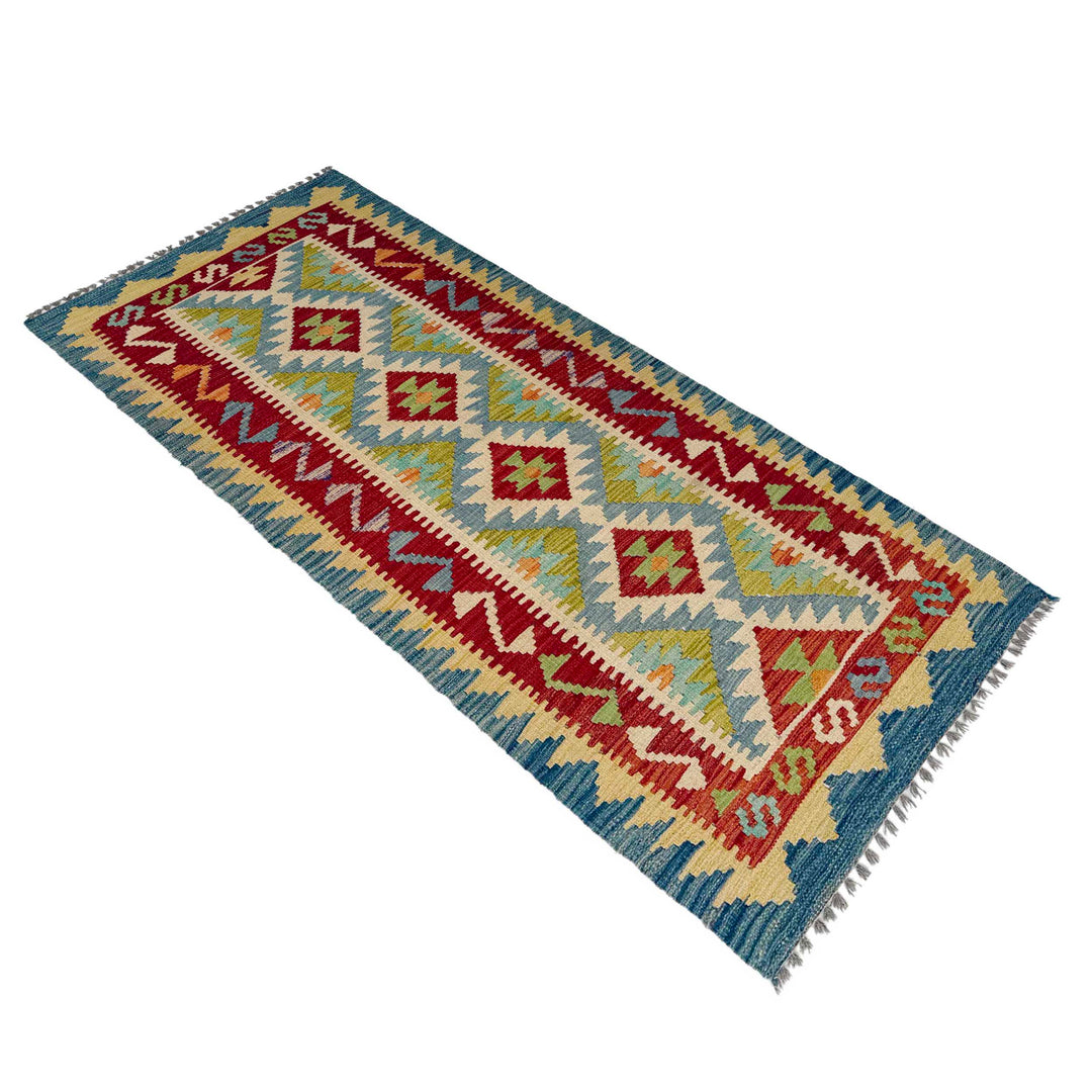 Afghan Vegetable Kilim Rug 2' 6" x 6' 4" Flat-Weave close-up