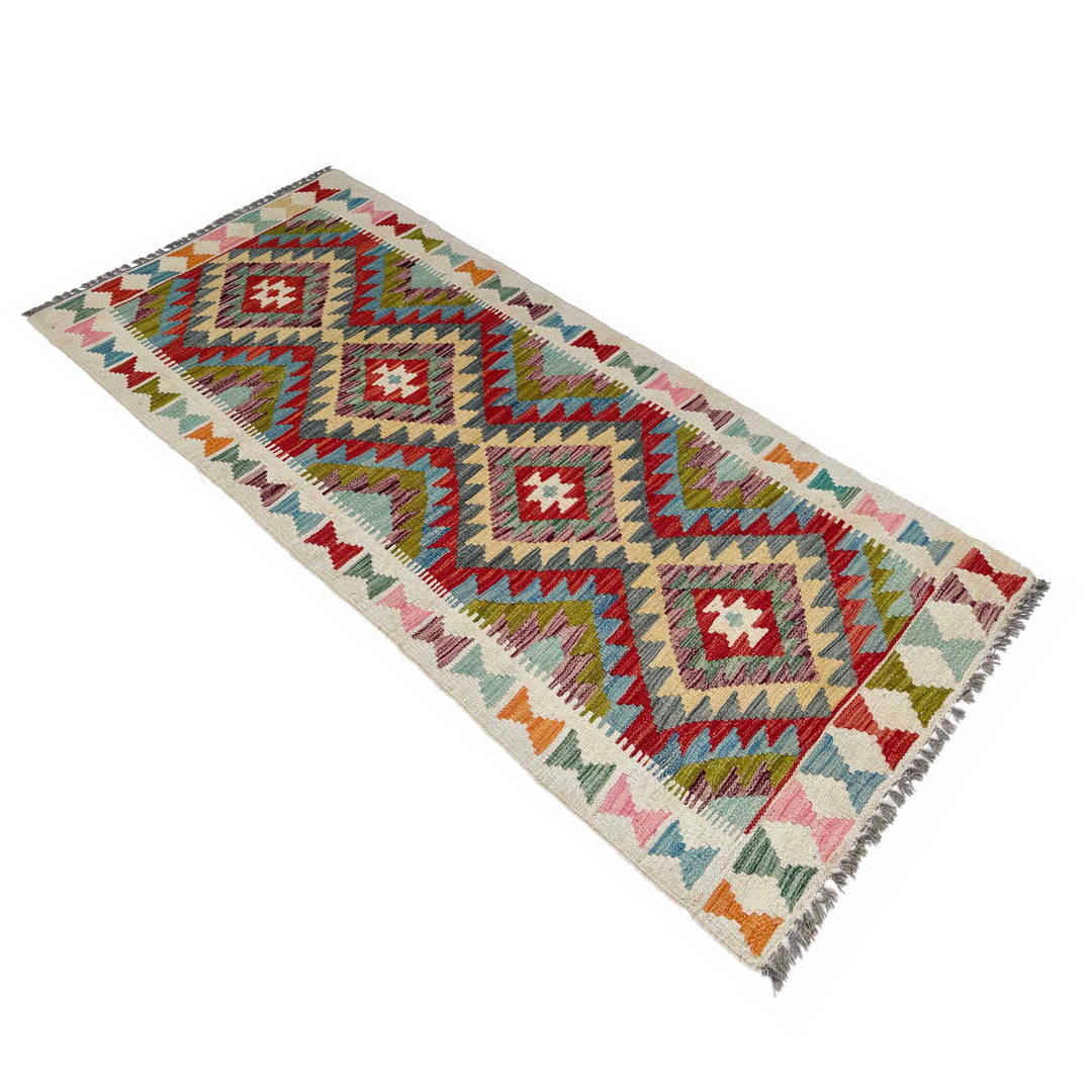 Afghan Vegetable Kilim Runner 2' 6" x 6' 5" Flat-Weave close-up