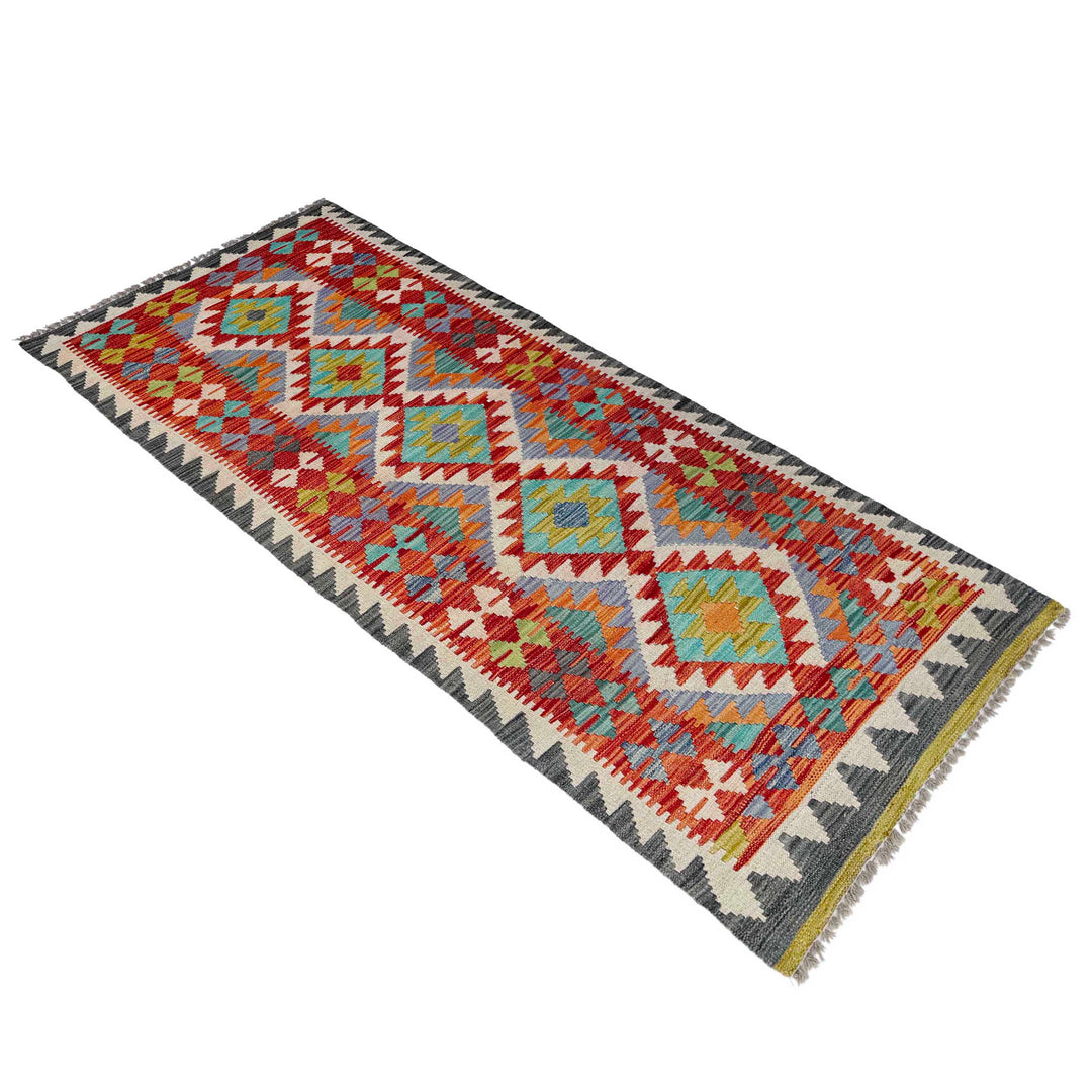 Afghan Vegetable Kilim Rug 2' 6" x 6' 8" Flat-Weave close-up