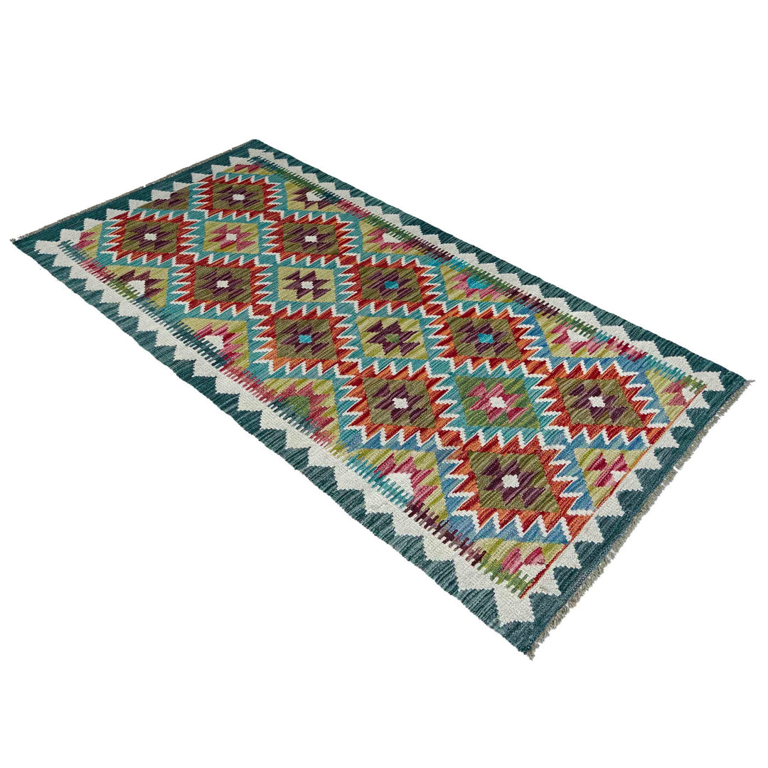 Afghan Vegetable Kilim Rug 2' 7" x 6' 3" Flat-Weave close-up