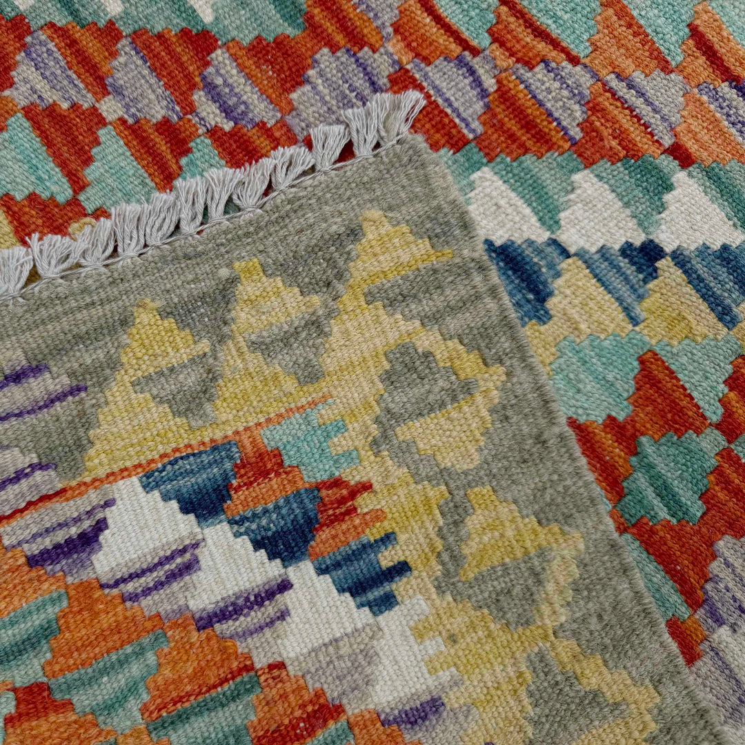 Afghan Vegetable Kilim Rug 2' 10" x 9' 5" Flat-Weave border