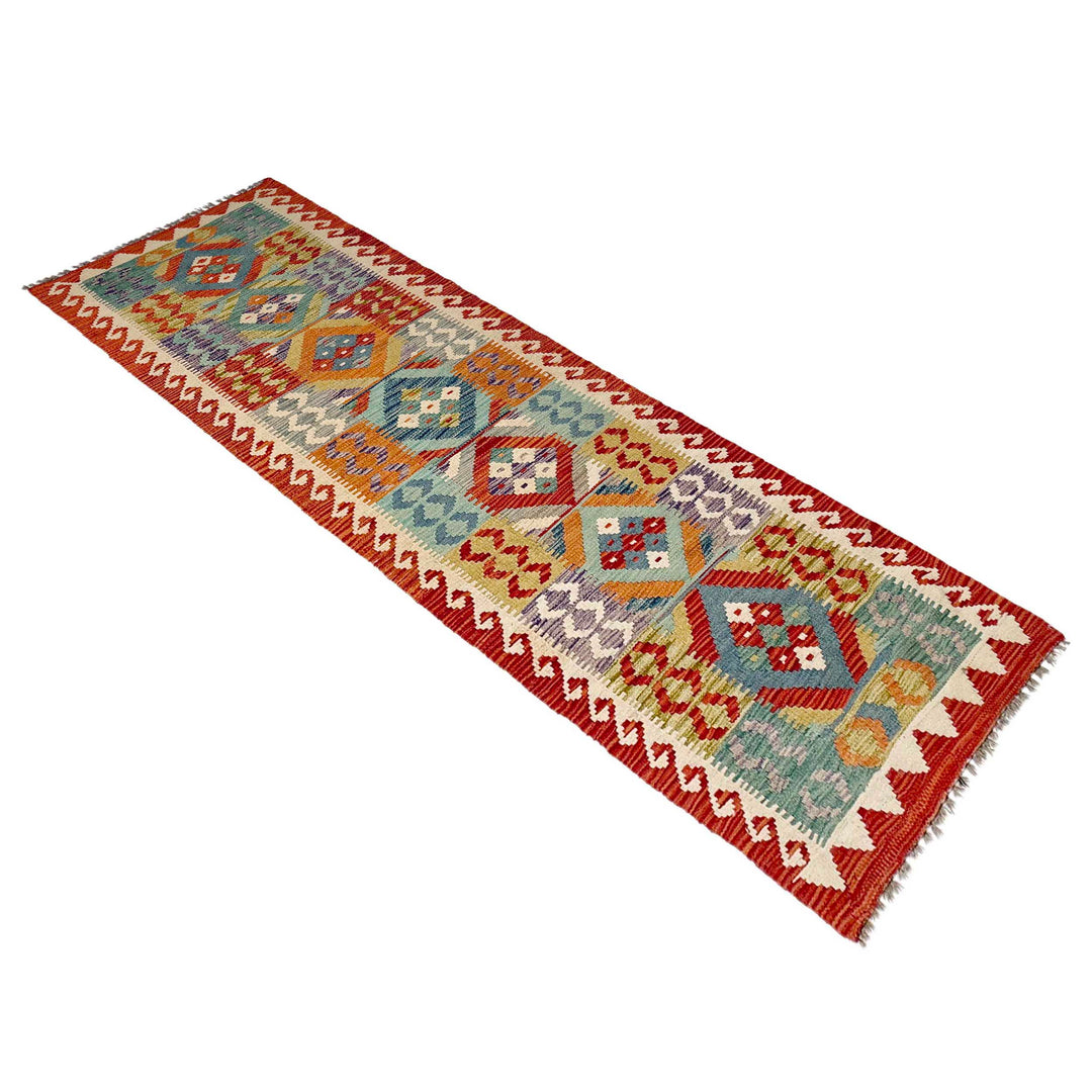 Afghan Vegetable Kilim Rug 2' 7" x 9' 1" Flat-Weave close-up