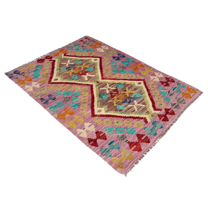 Afghan Vegetable Kilim Rug 2' 7" x 3' 11" Flat-Weave close-up