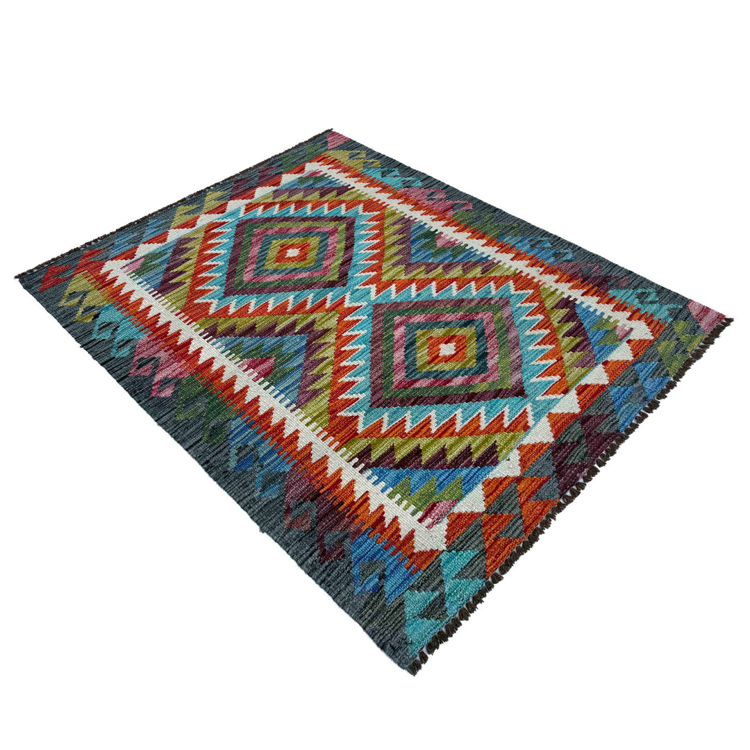 Afghan Vegetable Kilim Rug 2'11" x 3'11" Flat-Weave close-up