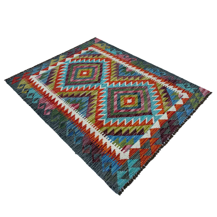 Afghan Vegetable Kilim Rug 2'11" x 3'11" Flat-Weave close-up