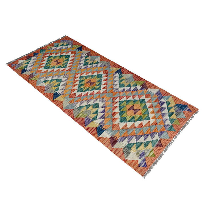 Afghan Vegetable Kilim Rug 2' 6" x 6' 2" Flat-Weave close-up