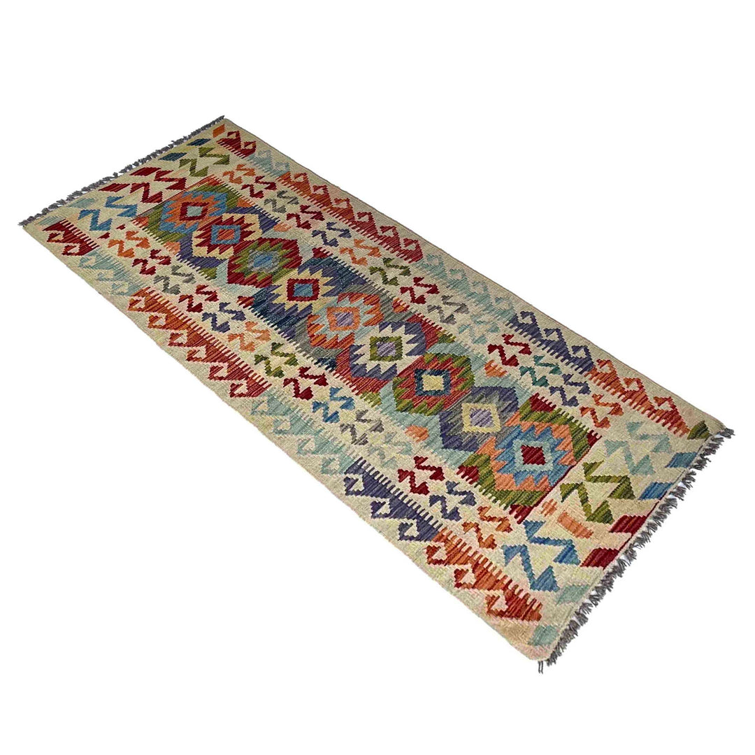 Afghan Vegetable Kilim Rug 2' 6" x 6' 5" Flat-Weave close-up